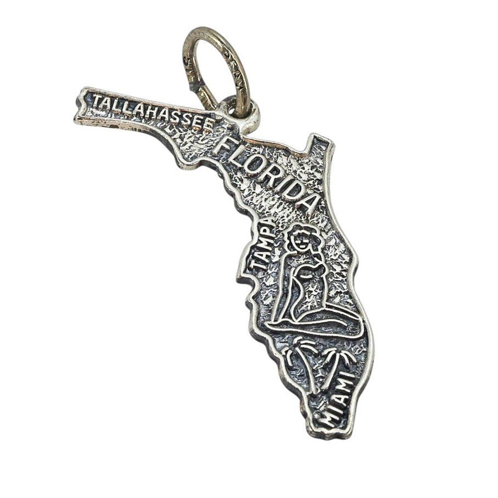 Vintage MCM Beau Sterling Florida State Charm Pin-Up Girl Map Design